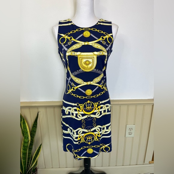 J.McLaughlin Chain Print Dress XS Navy Gold Nautical Equestrian Brunch Preppy - Picture 3 of 10